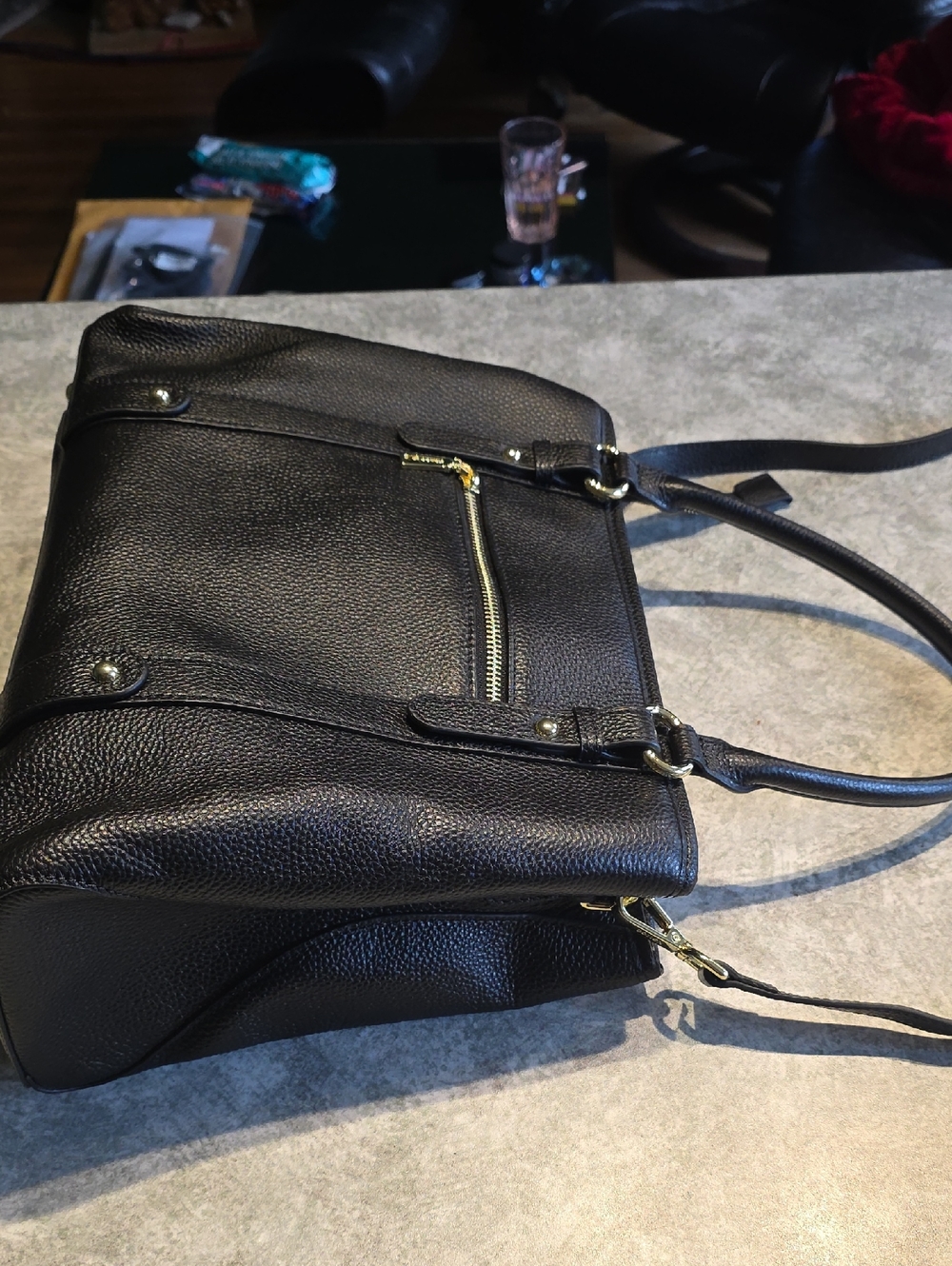 Black Woven-Panel Satchel with Top Handles - Picture 3 of 5